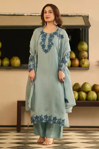 Grey party wear embroidery silk blend kurta with pant and dupatta