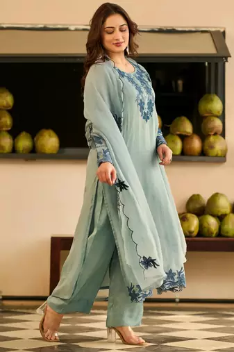 Grey party wear embroidery silk blend kurta with pant and dupatta