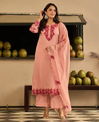 Peach party wear embroidery silk blend kurta with pant and dupatta 1