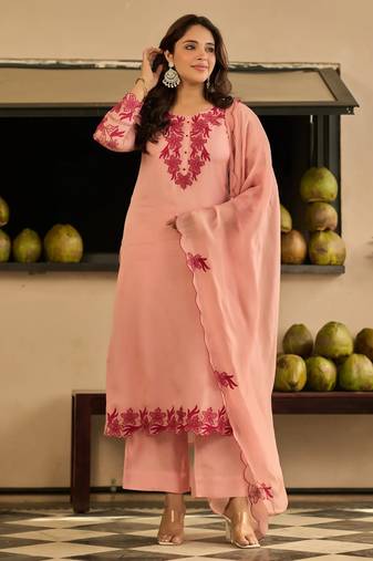 Peach party wear embroidery silk blend kurta with pant and dupatta