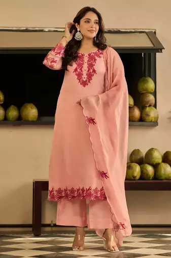 Peach party wear embroidery silk blend kurta with pant and dupatta