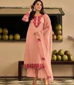 Peach party wear embroidery silk blend kurta with pant and dupatta