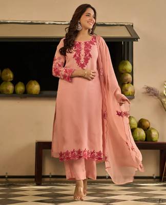 Peach party wear embroidery silk blend kurta with pant and dupatta 2