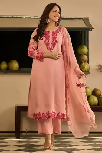 Peach party wear embroidery silk blend kurta with pant and dupatta