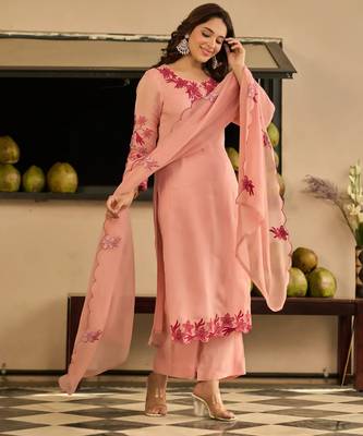 Peach party wear embroidery silk blend kurta with pant and dupatta 3