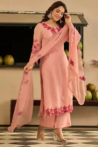 Peach party wear embroidery silk blend kurta with pant and dupatta