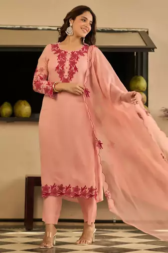 Peach party wear embroidery silk blend kurta with pant and dupatta