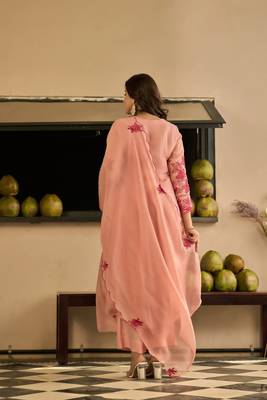 Peach party wear embroidery silk blend kurta with pant and dupatta 5