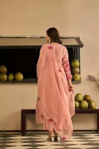 Peach party wear embroidery silk blend kurta with pant and dupatta