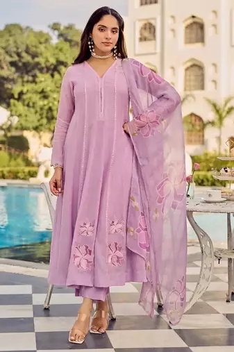Lavender party wear embroidery silk blend kurta with pant and dupatta