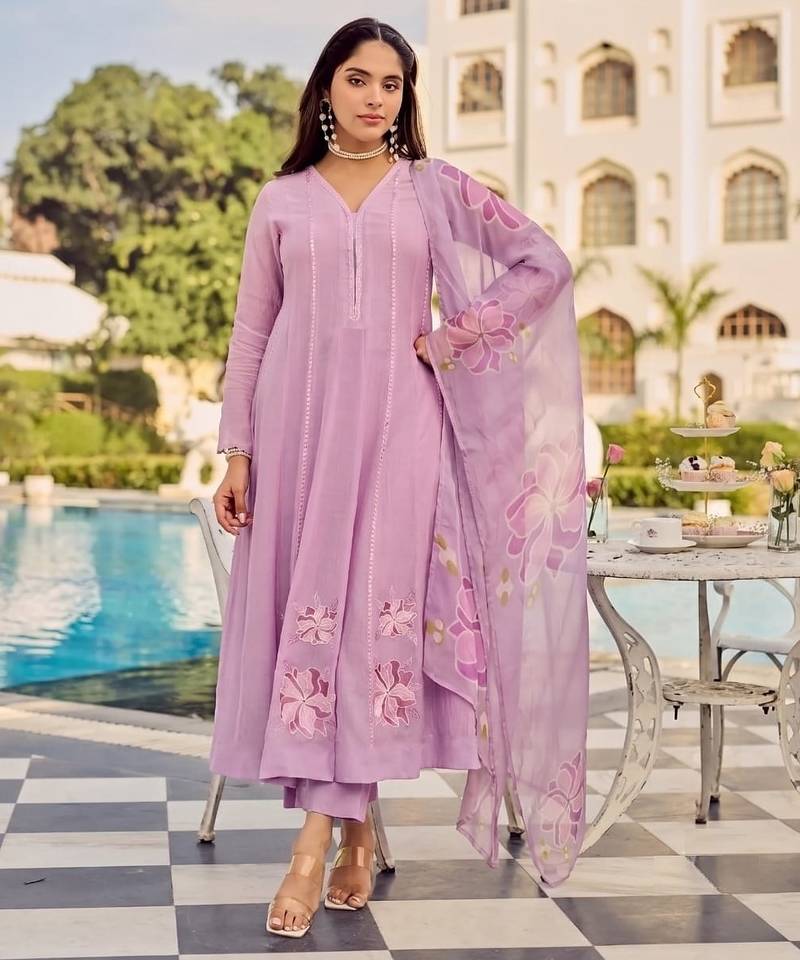 Lavender party wear embroidery silk blend kurta with pant and dupatta