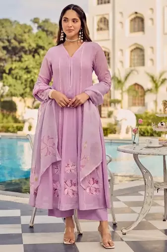 Lavender party wear embroidery silk blend kurta with pant and dupatta