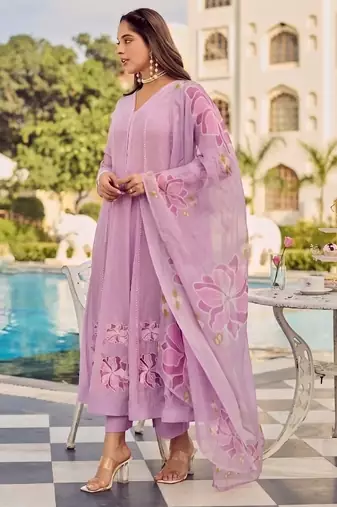 Lavender party wear embroidery silk blend kurta with pant and dupatta