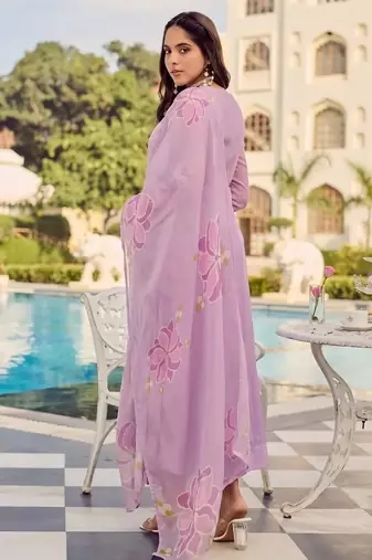 Lavender party wear embroidery silk blend kurta with pant and dupatta