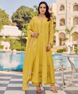 Yellow party wear embroidery silk blend kurta with pant and dupatta 1
