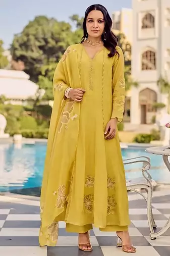Yellow party wear embroidery silk blend kurta with pant and dupatta