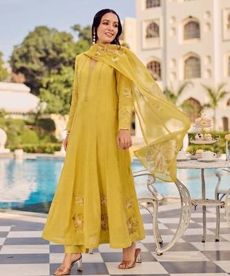 Yellow party wear embroidery silk blend kurta with pant and dupatta 2