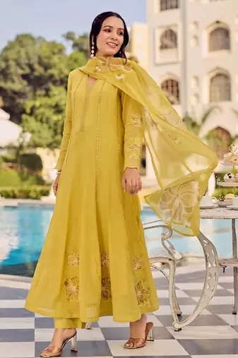 Yellow party wear embroidery silk blend kurta with pant and dupatta