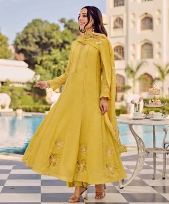 Yellow party wear embroidery silk blend kurta with pant and dupatta 3