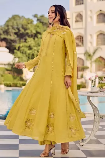 Yellow party wear embroidery silk blend kurta with pant and dupatta