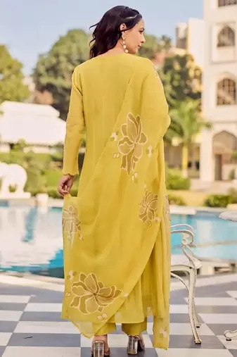 Yellow party wear embroidery silk blend kurta with pant and dupatta