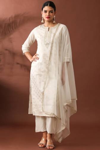 Cream party wear embroidery chanderi kurta with pant and dupatta