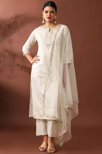Cream party wear embroidery chanderi kurta with pant and dupatta