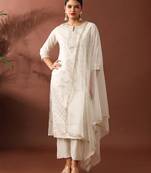 Cream party wear embroidery chanderi kurta with pant and dupatta