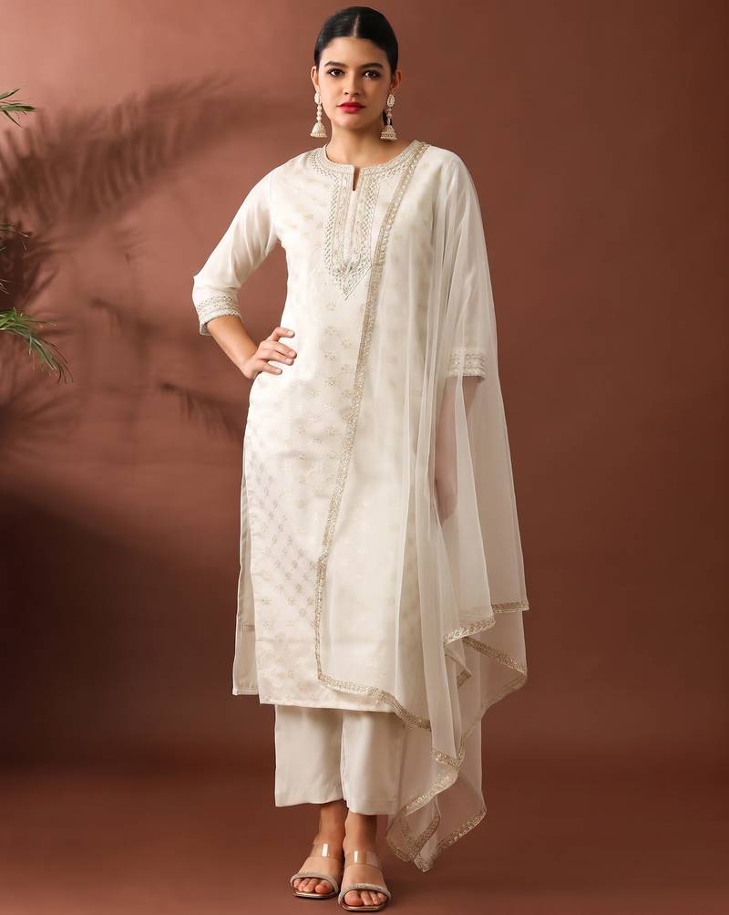 Cream party wear embroidery chanderi kurta with pant and dupatta