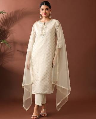 Cream party wear embroidery chanderi kurta with pant and dupatta 2