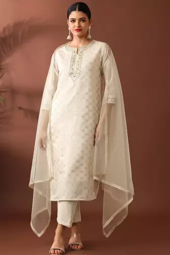 Cream party wear embroidery chanderi kurta with pant and dupatta