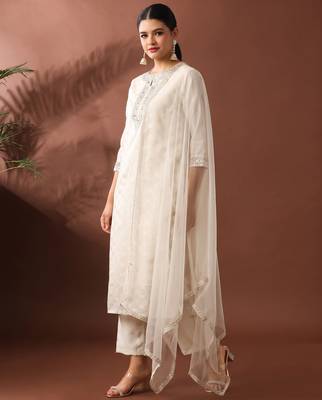 Cream party wear embroidery chanderi kurta with pant and dupatta 3