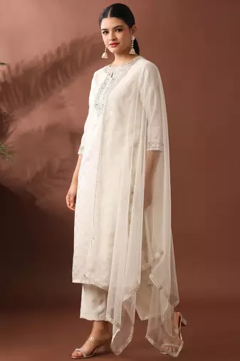 Cream party wear embroidery chanderi kurta with pant and dupatta