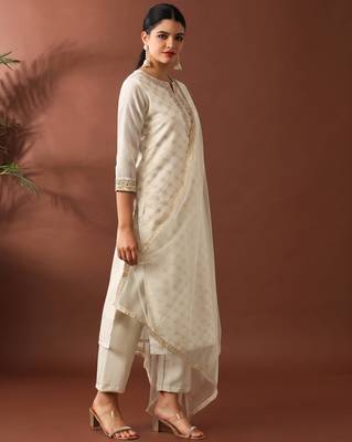 Cream party wear embroidery chanderi kurta with pant and dupatta 4