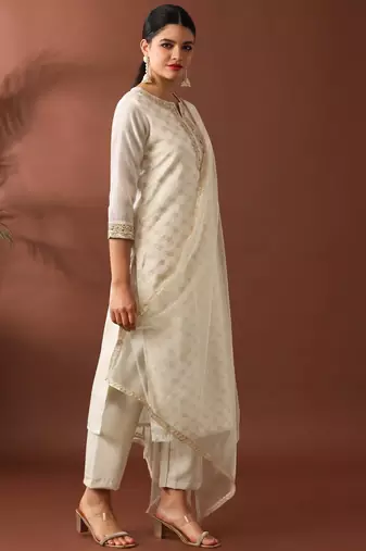 Cream party wear embroidery chanderi kurta with pant and dupatta