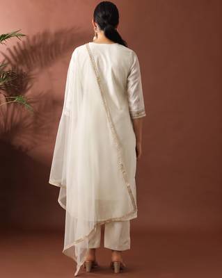 Cream party wear embroidery chanderi kurta with pant and dupatta 5