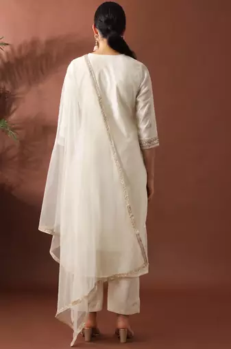 Cream party wear embroidery chanderi kurta with pant and dupatta