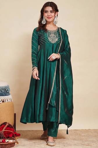 Green party wear embroidery vichitra silk blend kurta with pant and dupatta