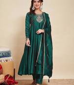 Green party wear embroidery vichitra silk blend kurta with pant and dupatta