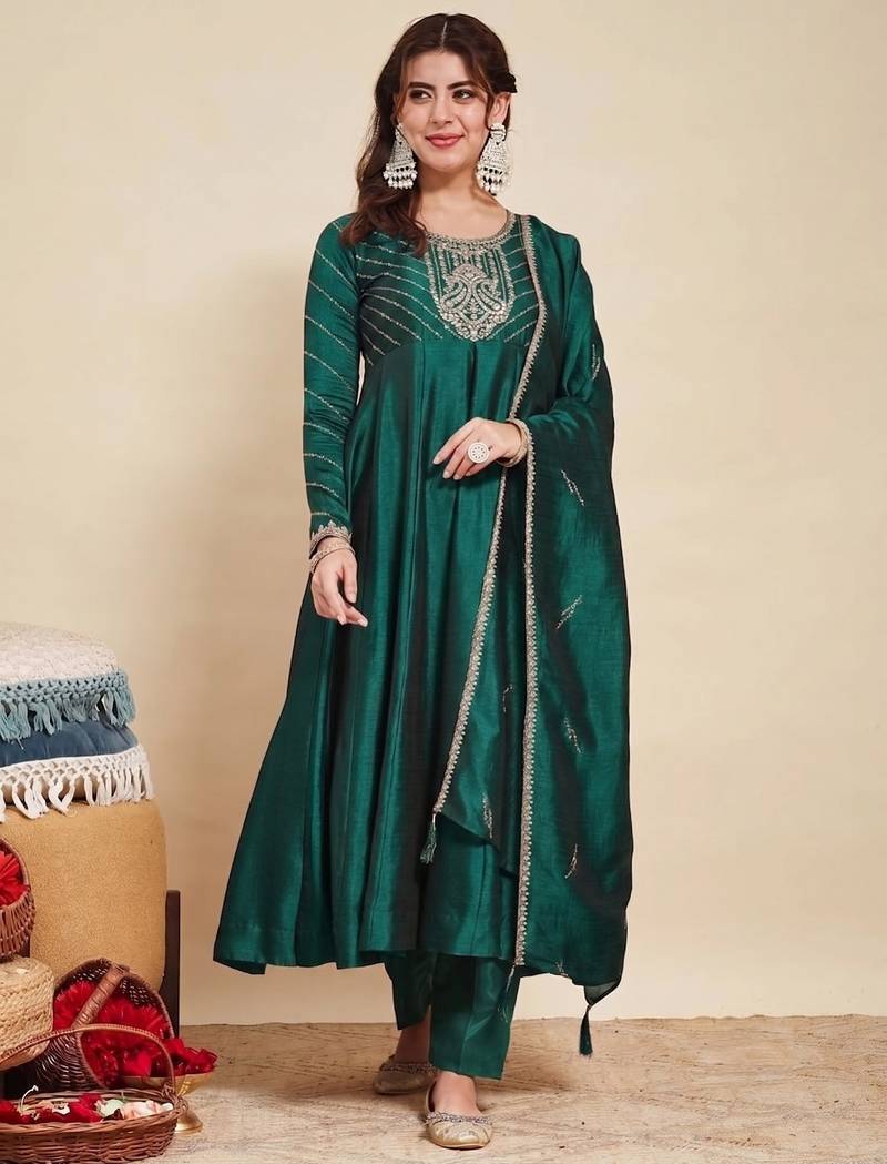 Green party wear embroidery vichitra silk blend kurta with pant and dupatta