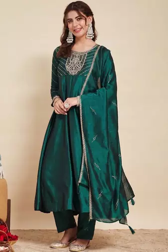 Green party wear embroidery vichitra silk blend kurta with pant and dupatta
