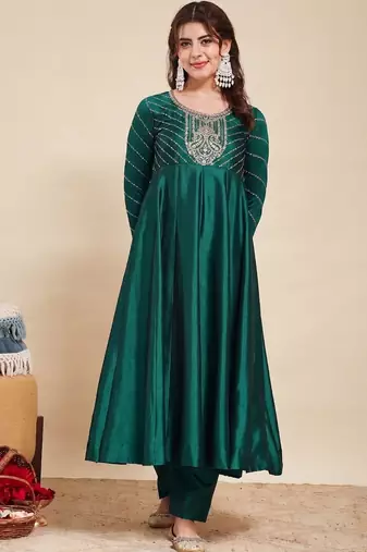 Green party wear embroidery vichitra silk blend kurta with pant and dupatta