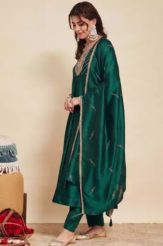 Green party wear embroidery vichitra silk blend kurta with pant and dupatta