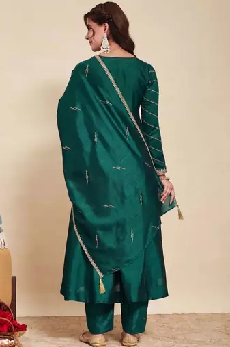 Green party wear embroidery vichitra silk blend kurta with pant and dupatta