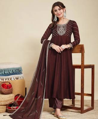 Coffee party wear embroidery vichitra silk blend kurta with pant and dupatta 1