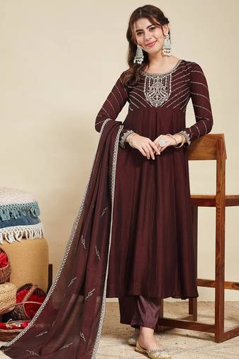 Coffee party wear embroidery vichitra silk blend kurta with pant and dupatta