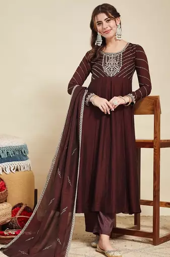 Coffee party wear embroidery vichitra silk blend kurta with pant and dupatta