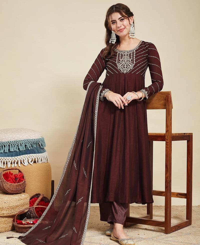 Coffee party wear embroidery vichitra silk blend kurta with pant and dupatta
