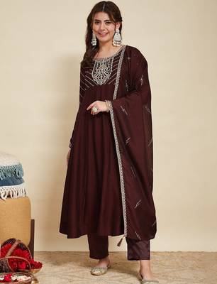 Coffee party wear embroidery vichitra silk blend kurta with pant and dupatta 2