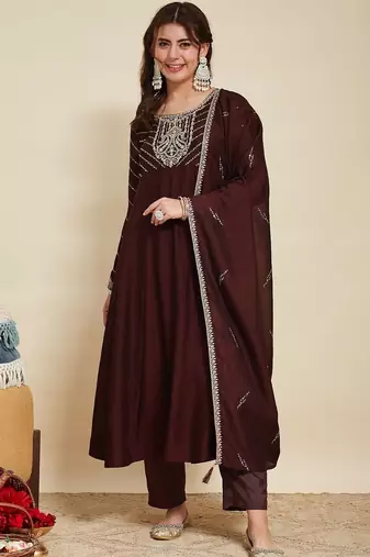 Coffee party wear embroidery vichitra silk blend kurta with pant and dupatta